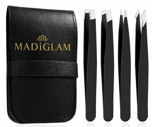 MadiGlam Professional Tweezers Set – 4-Piece Stainless Steel with Case